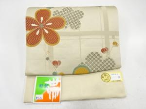 未使用品　格子に枝梅模様織り出し　作り帯